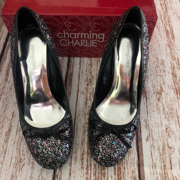 New Charming Charlie Black Sparkle Heels Size 10 - Picture 3 of 8